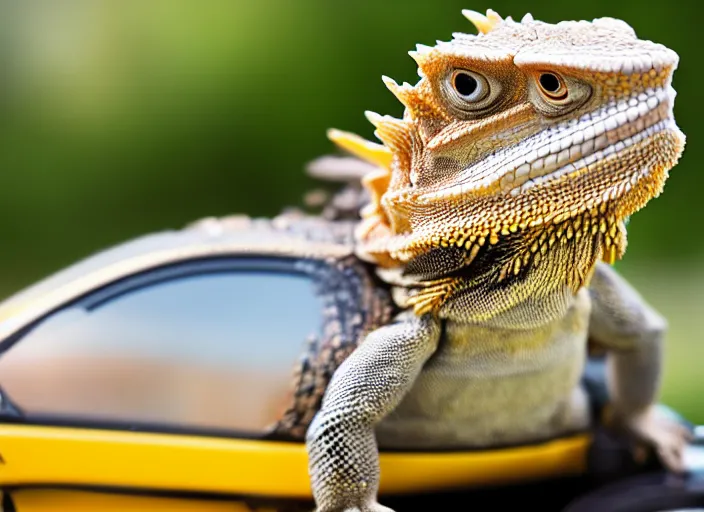 Image similar to dslr portrait still of a bearded dragon driving a little toy car, 8 k 8 5 mm f 1. 4