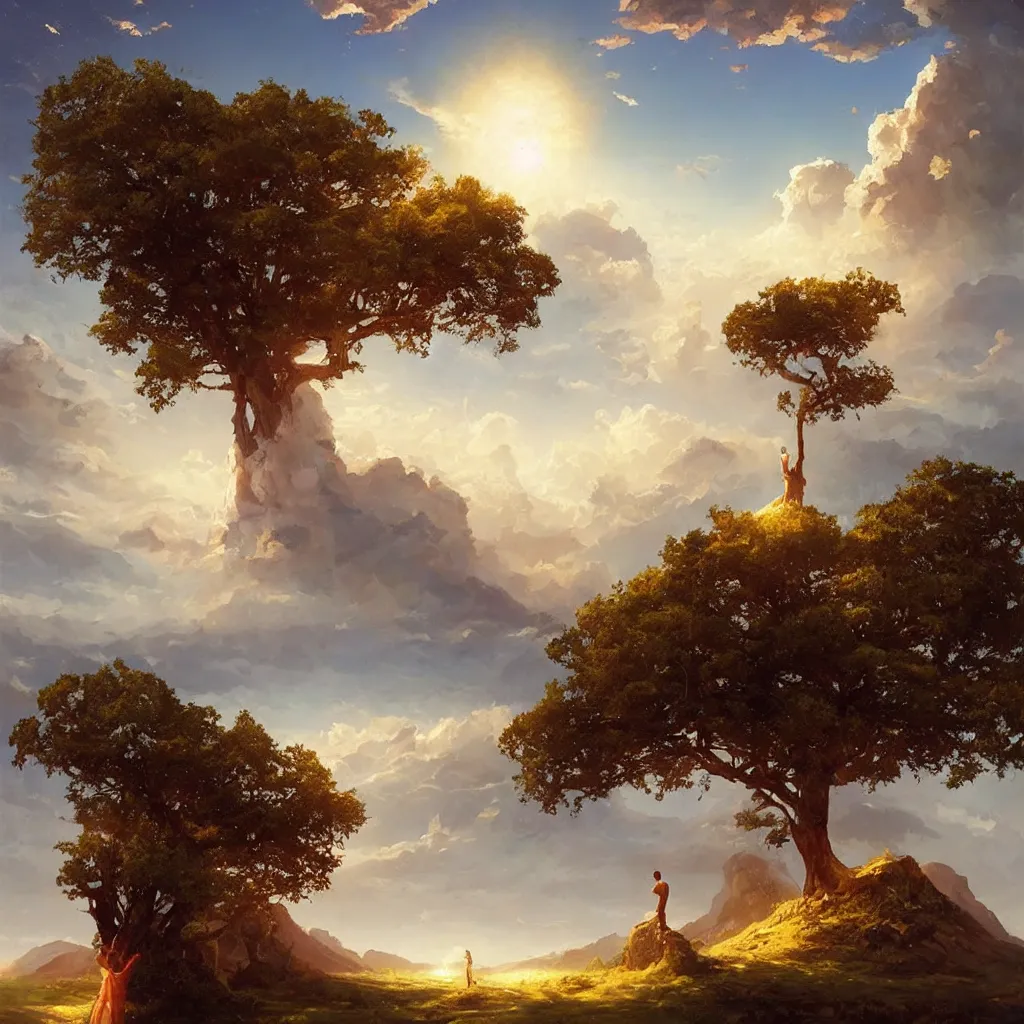 Image similar to a sending down [ of the revelation ] from him who created the earth and the lofty heavens, overdetailed art, by greg rutkowski, by rhads, sharp focus, god looking at me, a tree and river on foreground ground