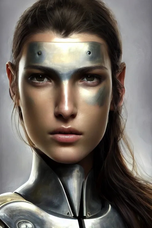 Image similar to a photorealistic painted portrait of an attractive young girl, partially clothed in metal-plated battle armor, olive skin, long dark hair, flawless skin, beautiful bone structure, symmetric facial features, perfect photorealistic eyes, natural physique, intricate, elegant, digital painting, concept art, finely detailed, beautifully illustrated, sharp focus, minimal artifacts, from Metal Gear, by Ruan Jia and Mandy Jurgens and Artgerm and William-Adolphe Bouguerea, trending on Artstation, award winning art