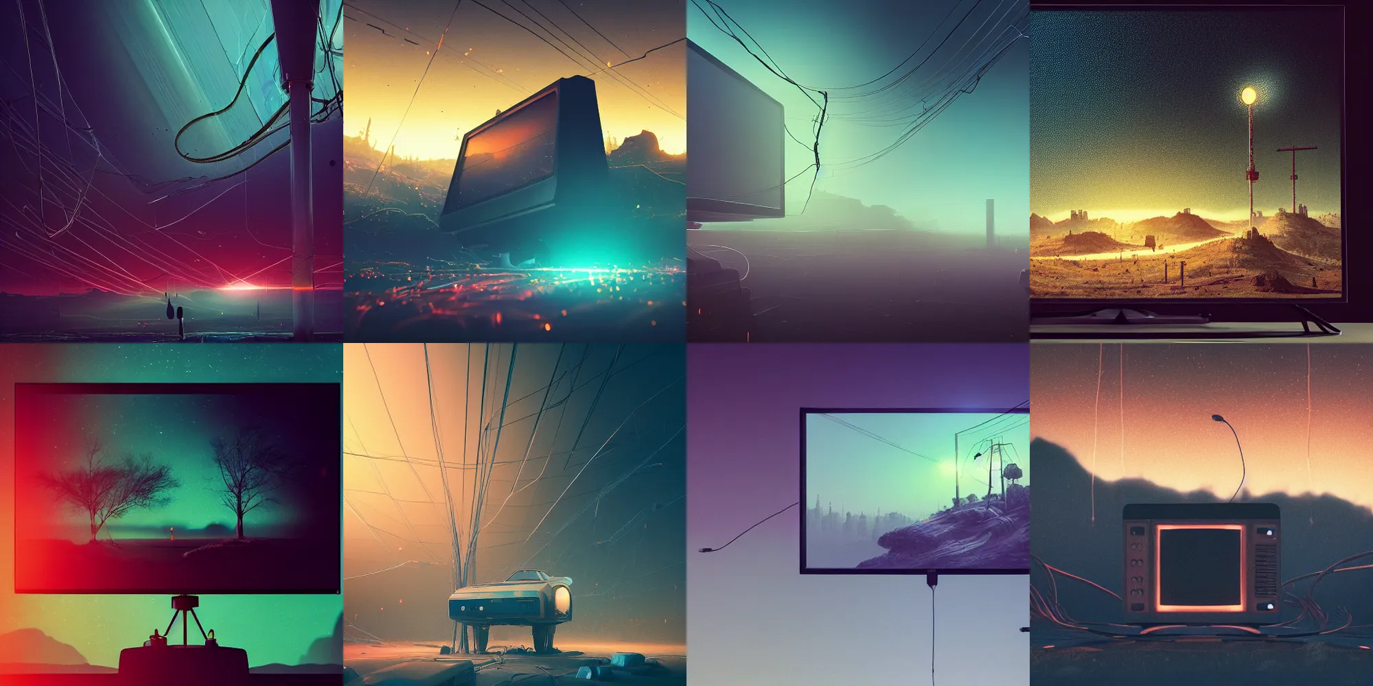 Prompt: beautiful dark landscape, giant broken old television, cables, in the style of beeple and Mike Winkelmann, intricate, epic lighting, cinematic composition, hyper realistic, 8k resolution,