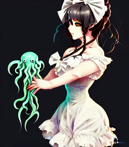 Image similar to Anime Cthulhu character, dressed as a french maid, highly detailed, digital painting, artstation, kyoani, concept art, sharp focus, illustration, art by artgerm and greg rutkowski and alphonse mucha