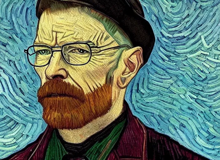 Prompt: a highly detailed beautiful portrait of a walter white, by vincent van gogh