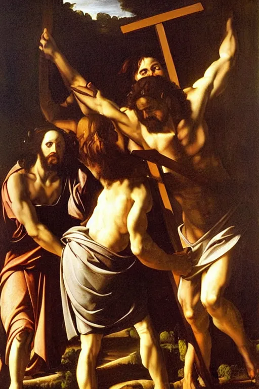 Prompt: a highly realistic oil painting of Christ carrying the Cross, vey detailed faces, landscape background, chiaroscuro, by Caravaggio