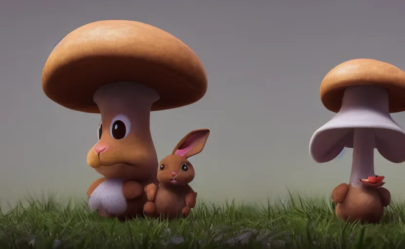 Image similar to cute rabbit character with mushroom hat, style of pixar, unreal engine 5, trending on artstation, 8K