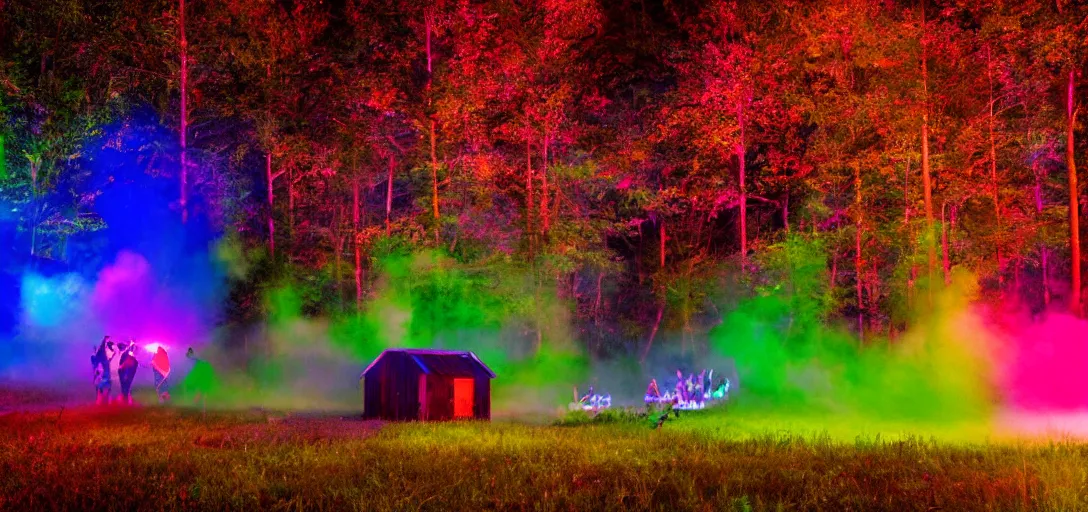 Prompt: intense rave party in the woods behind a red barn, uhd, smoke, colorful, night, 8k, photo,