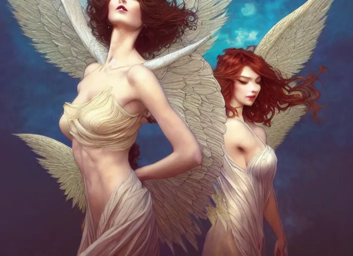 Image similar to portrait of 3 women with flowy hair, wings, confident pose, pixie, genshin impact, intricate, elegant, sharp focus, soft bokeh, illustration, highly detailed, concept art, matte, trending on artstation, bright colors, art by wlop and artgerm and greg rutkowski, mucha, giger, marvel comics