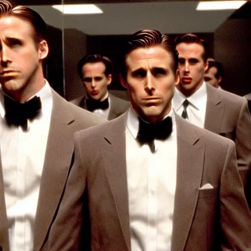 Image similar to ryan gosling clones surrounding christian bale in american psycho ( 1 9 9 9 )