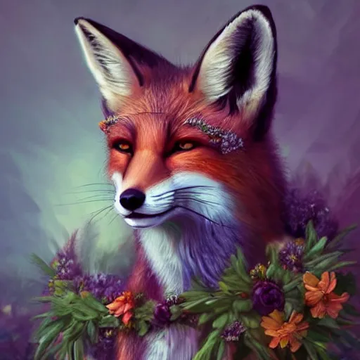 Image similar to portrait of a fox wearing a tiara wreath flowers, fantasy art, d & d, trending on artstation deviantart, beautiful art, highly detailed