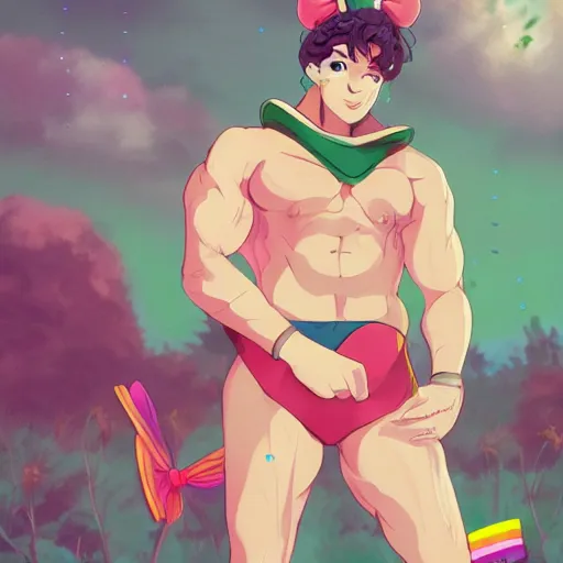 Prompt: crossdressing magical man in anime style, man face, illustration, hairy, muscular, male, digital painting, artstation, simon stalenhag, epic, stunning, rainbows, sailor moon, hdr, highly detailed