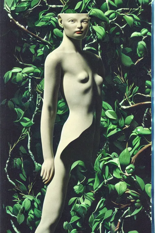 Prompt: An instax still frame of The future of statues 1937 by René Magritte from Prometheus movie and Alien movie featured in Vogue and Highsnobiety editorial fashion photography, haute couture dressed by Givenchy and Salvatore Ferragamo painted by Andrea Pozzo, in porcelain and metal and lush branch