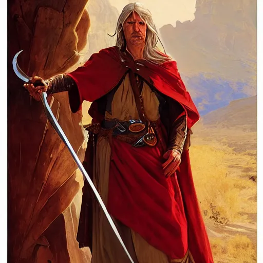 Prompt: ezra the elven desert bandit. Red robes. Epic portrait by james gurney and Alfonso mucha (lotr, witcher 3, dnd).