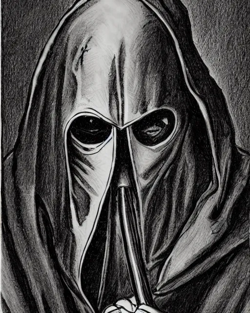 Image similar to a man in black hooded robes holding a plague doctor mask in hand, detailed art by greg rukowtski