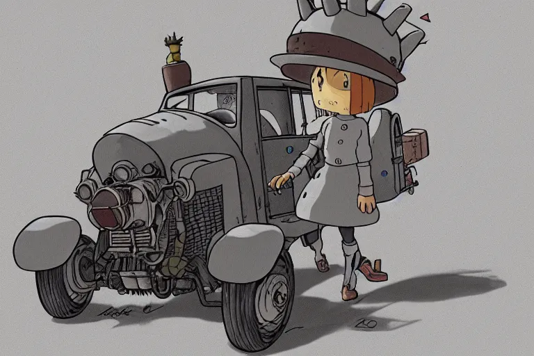 Image similar to a study of a cell shaded cartoon of a grey mechanized puppy from howl's moving castle ( 2 0 0 4 ), on a desert road, full body, wide shot, very muted colors, post grunge, studio ghibli, laurie greasley, highly detailed, deviantart, art by artgem