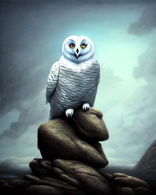 Image similar to an extremely detailed masterpiece surreal painting of a snow owl on a rock, in the style of brian froud, brian despain, brian bolland, digital art, unreal engine, volumetric lighting, dark moody lighting, post apocalyptic, 4 k