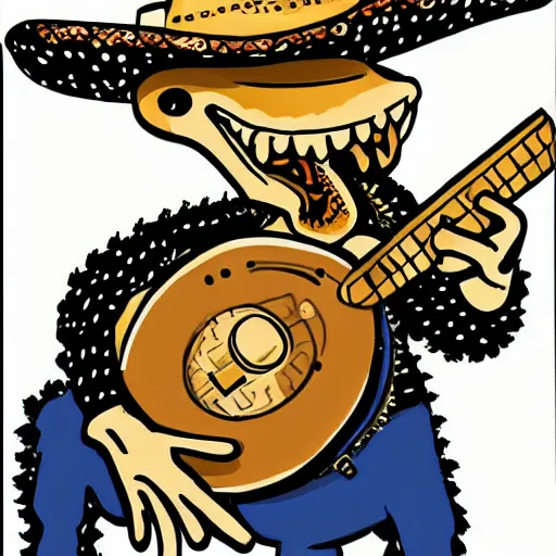 Image similar to an illustration of a alligator playing a banjo and wearing a cowboy hat