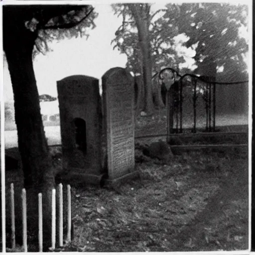 Image similar to cctv security cam grainy black and white footage of baron samedi in an spooky graveyard. baron samedi is looking at the camera.