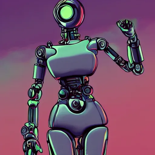 Image similar to Woman and her robot against the world. Rough strokes and grainy. Interesting colour scheme. Detailed. Beautiful digital artwork by artist Lurid. (2022)