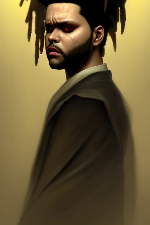 Image similar to a demonic horrific portrait of the weeknd, white eyes, bored, illustration, soft lighting, soft details, painting oil on canvas by edmund blair leighton and charlie bowater octane render, hdr, trending on artstation, 4 k, 8 k, hd