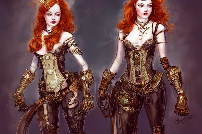 Image similar to three-quarters pose portrait of Emma Stone as a beautiful Lady Mechanika, very beautiful young woman, ginger wavy hair, Victorian-era push-up underwire. Intricate, steampunk imagery themed, D&D!, fantasy style, sharp focus!, ultra detailed, art by Artgerm and Peter Andrew Jones