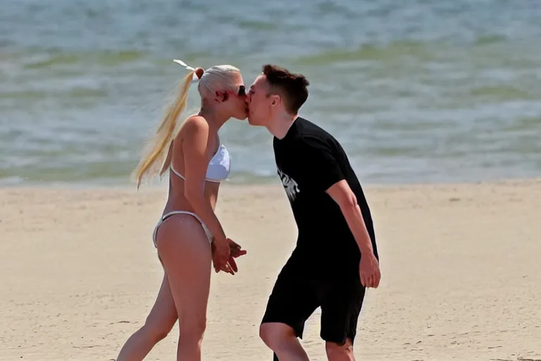 Prompt: elon musk kissing billie ellish at the beach