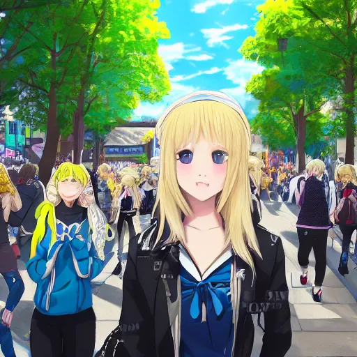 Prompt: blonde - haired princess, anime princess, wearing black jacket and white leggings, looking through crowd, town street, festival street, trees, green trees, blue lighting, blue sunshine, strong lighting, strong shadows, vivid hues, ultra - realistic, sharp details, subsurface scattering, intricate details, hd anime, 2 0 1 9 anime