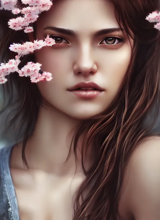 Image similar to photo of a gorgeous female with messy hair in the style of stefan kostic, realistic, body shot, sharp focus, 8 k high definition, insanely detailed, intricate, elegant, art by stanley lau and artgerm, cherry blossoms