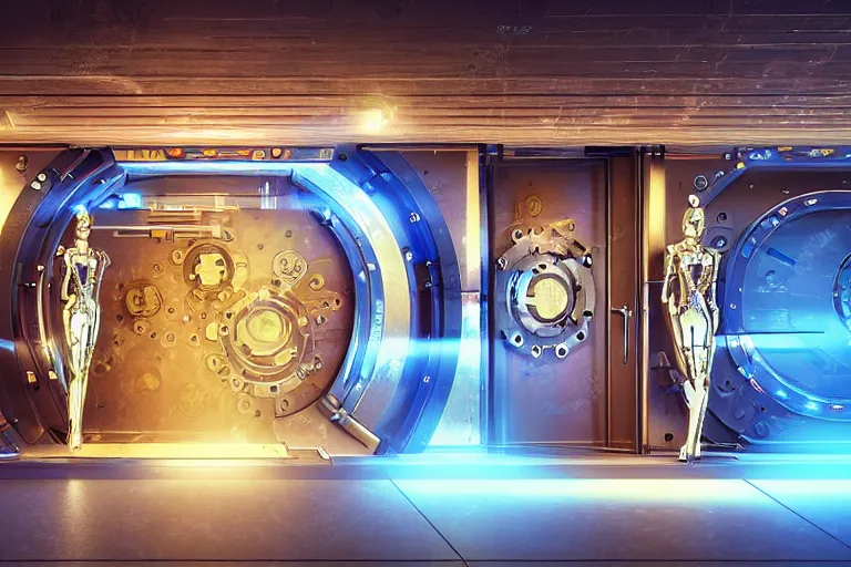 Image similar to entrance door to a futuristic nightclub, in front of the door are 7 golden and blue metal humanoid steampunk robots wearing and gears and tubes, eyes are glowing red lightbulbs, shiny crisp finish, 3 d render, 8 k, insaneley detailed, fluorescent colors, background is back yrad of a nightclub, nightlight