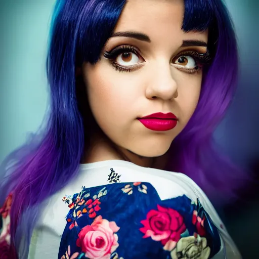 Image similar to Melanie Martinez, XF IQ4, 150MP, 50mm, f/1.4, ISO 200, 1/160s, natural light, Adobe Photoshop, Adobe Lightroom, DxO Photolab, Corel PaintShop Pro, rule of thirds, symmetrical balance, depth layering, polarizing filter, Sense of Depth, AI enhanced