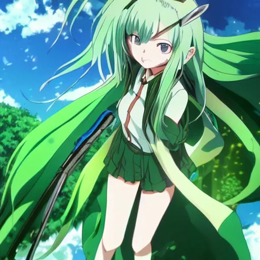 Image similar to anime key visual of a girl with a green outfit green hair and green eyes fascinated by a green paradise ; official media ; 4 k hd ; high quality ; in the rising of the shield hero ( 2 0 1 9 ),