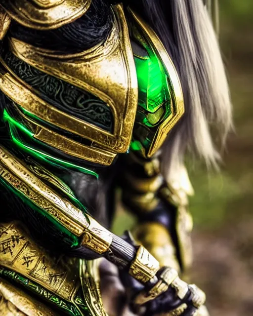 Image similar to a beautiful close up photo of a female Asian elf ranger with long hair and green eyes, no helmet, wearing green and gold futuristic mecha armor, with ornate rune carvings and glowing lining, very detailed, shot in canon 50mm f/1.2