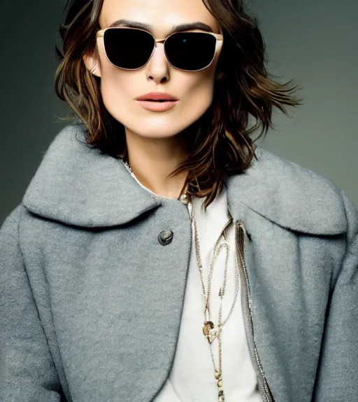 Prompt: detailed attractive characther portrait of keira knightley wearing oversized nilon white luxury jacket and wearing sunglasses, realistic, wide angle, dramatic light 8 k