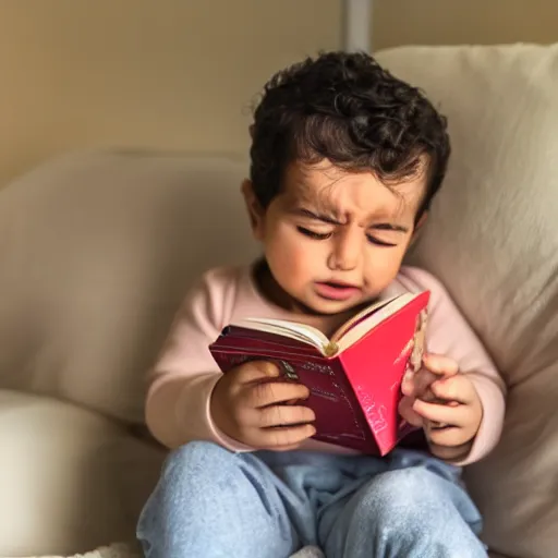 Prompt: arabic baby with a beard crying reading a book