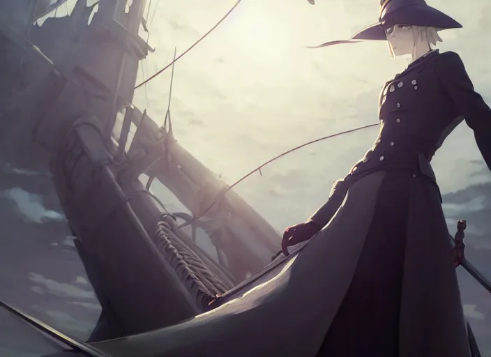 Image similar to portrait of lady maria, helm of second world war warship in background, illustration concept art anime key visual trending pixiv fanbox by wlop and greg rutkowski and makoto shinkai and studio ghibli and kyoto animation, symmetrical facial features, astral witch clothes, dieselpunk, realistic anatomy, grimdark, volumetric lighting, backlit