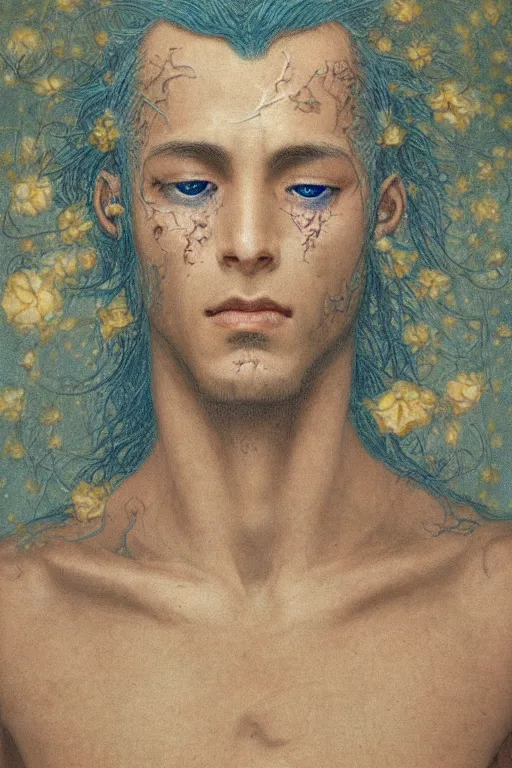 Image similar to portrait of beautiful young man, warhammer, japanic style, cyberpunk, a lot of scars, more and more flowers, blue head, the middle ages, highly detailed, artstation, illustration, art by jean delville, 8 k quality