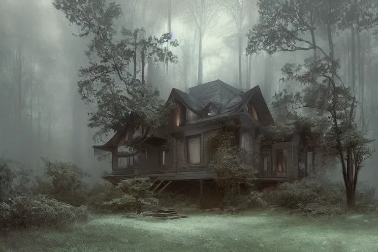 Image similar to a 1 9 5 0 s luminous house in the middle of a dark, gloomy, misty forest enveloped in moss and bark, illustrated by greg rutkowski and gaston bussiere, trending on artstation, intricately defined, complexly detailed, cgsociety contest winner, zbrush, mannerism, 4 k, grim lighting, misty atmosphere