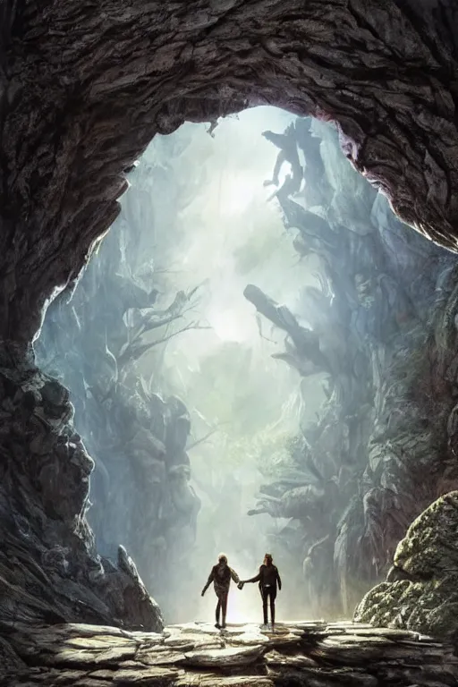 Image similar to movie poster for award winning move staring, tom cruise and hillary clintona beside large rock arch is a portal to another dimension, surrounded by misty forest, people wait to enter, D&D, fantasy, intricate, highly detailed, digital painting, artstation, concept art, smooth, sharp focus, illustration, art by artgerm and greg rutkowski and alphonse mucha