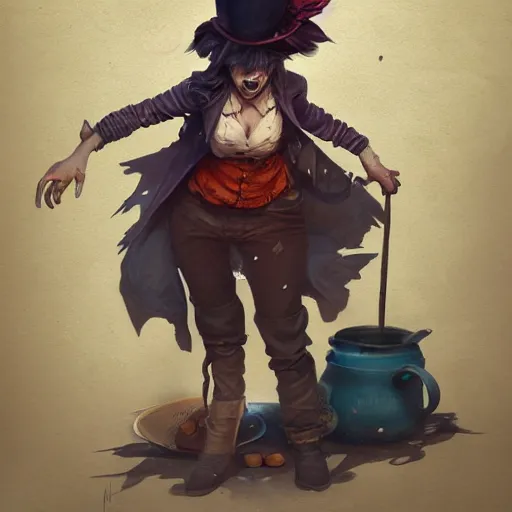 Image similar to realistic, full body portrait, attractive grungy female mad hatter, by Jordan Grimmer and greg rutkowski, crisp lines and color,