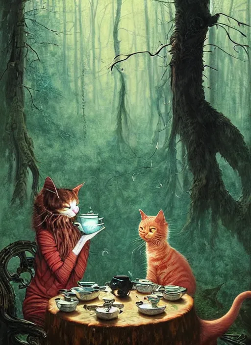 Image similar to cat having tea with a sorceress at a shrine in the woods gorgeous lighting, lush forest foliage blue sky a hyper realistic painting by chiara bautista and beksinski and norman rockwell and greg rutkowski weta studio, and lucasfilm