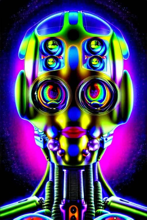 Image similar to maximalist detailed scifi robot head portrait. lowbrow scifi artwork by kidsquidy. ray tracing hdr polished sharp in visionary psychedelic fineart style inspired by alex grey and cameron gray