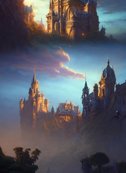 Prompt: a beautiful and highly ornamented fantasy castle with lovely arches and bridges at sunset, cinematic view, epic sky, detailed, concept art, low angle, high detail, warm lighting, volumetric, godrays, vivid, beautiful, trending on artstation, by jordan grimmer, huge scene, grass, art greg rutkowski and alphonse mucha