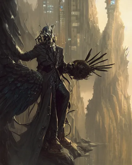 Image similar to beautiful fantasy character portrait, vulture, wearing oversized black trench coat, ultra realistic, wide angle, dramatic lighting, vultures, cyberpunk artifacts, highly detailed by peter mohrbacher, hajime sorayama, wayne barlowe, boris vallejo, aaron horkey, gaston bussiere, craig mullins