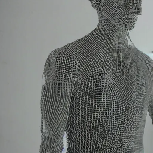 Prompt: a human sculpture made out of damaged wired mesh