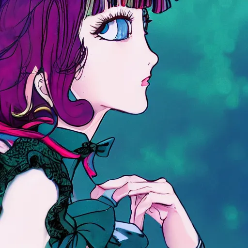 Prompt: beautiful little girl, profile picture, vintage fashion, highly detailed, reflection, 8 k, realistic artwork, hd, inspired by jojo bizarre adventure, 9 0 s anime art style, elegant, lofi