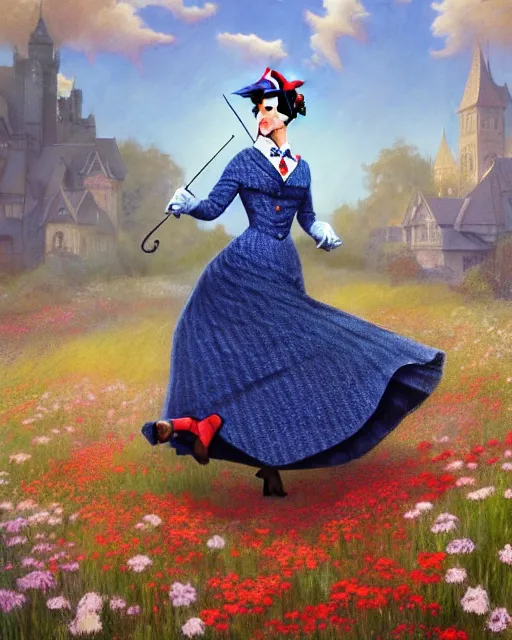 Image similar to Julie Andrews Mary Poppins from Disney 1964 dancing in a field full of flowers, D&D, fantasy, intricate, elegant, highly detailed, digital painting, artstation, concept art, matte, sharp focus, illustration, hearthstone, art by Artgerm and Greg Rutkowski and Alphonse Mucha