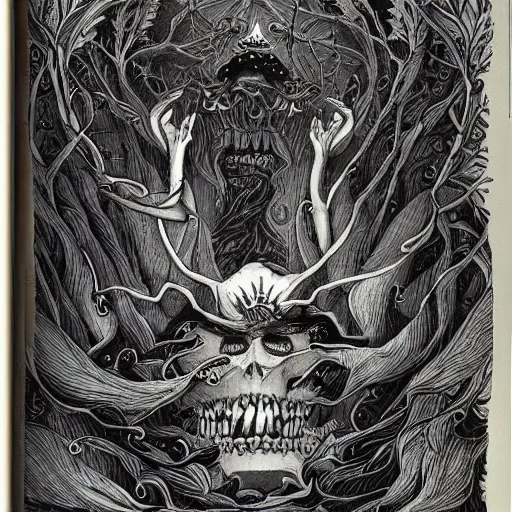 Image similar to A book of dark magic, detailed illustrations