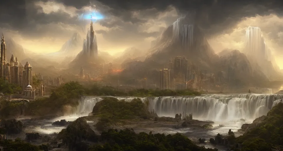 Image similar to a matte painting of beautiful religious science fiction city, with waterfalls, 8 k, cinematic lighting, hd, atmospheric, hyperdetailed, trending on artstation, deviantart, digital painting, concept art smooth sharp focus illustration, art by artgerm and raoul marks