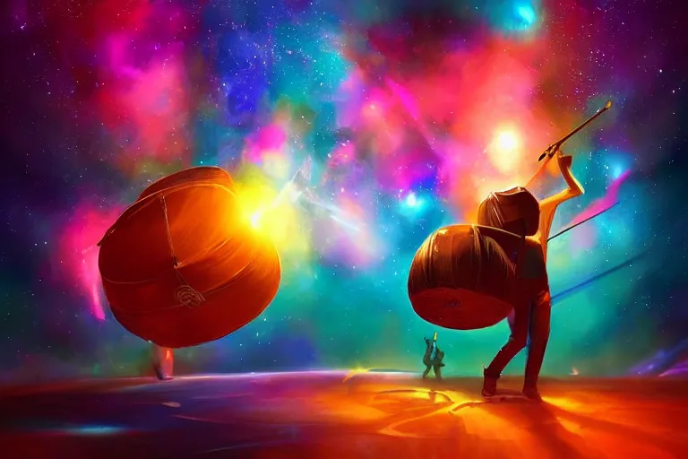 Prompt: person drumming on a drum kit in milky way galaxy, stunning digital art, artstation, vibrant colors, sharp, 8 k, gigachad