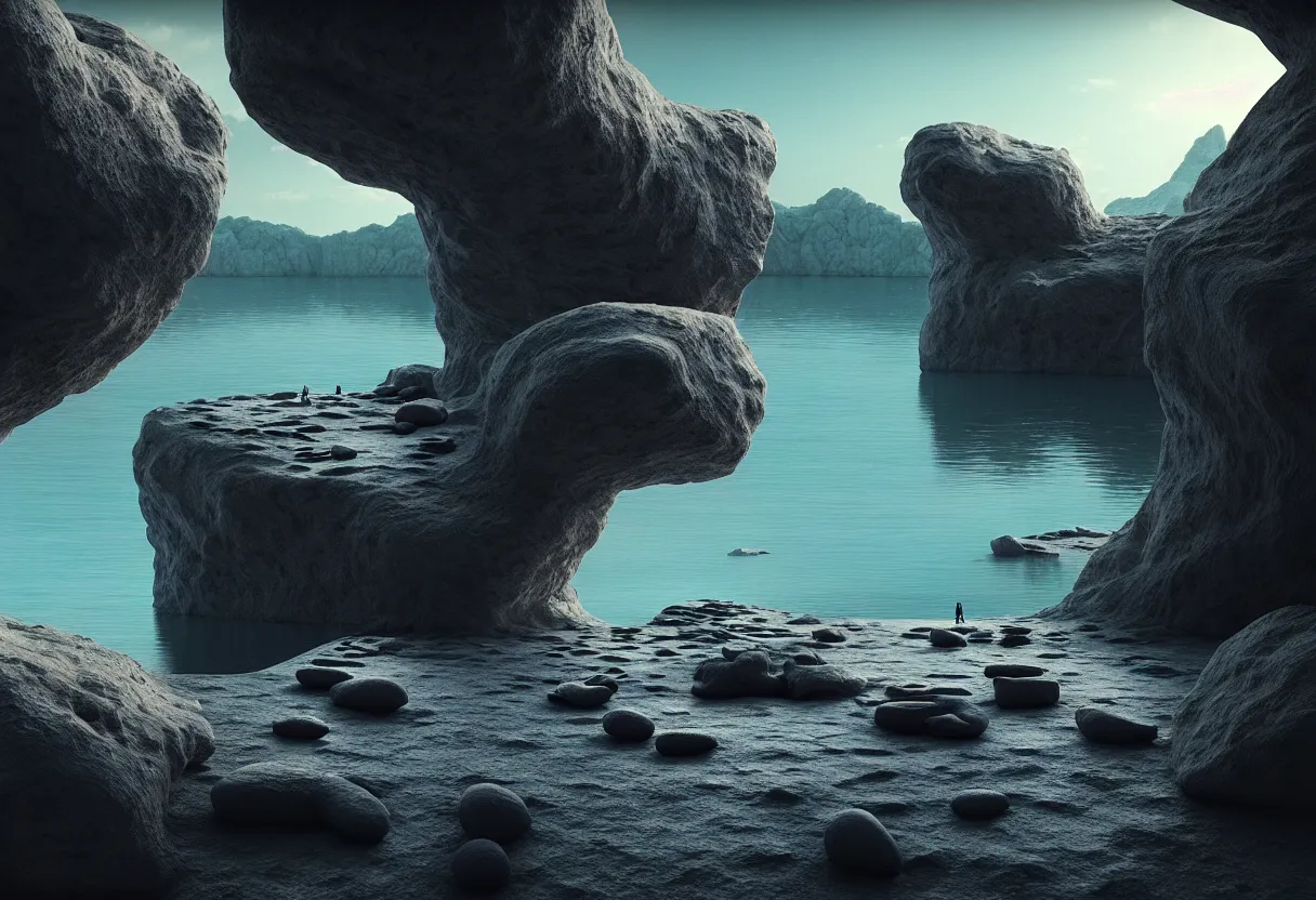 Prompt: inside of alien lake landscape of human mind and imagination, big rocks and pebbles, matte painting, beautiful render, octane render, concept art