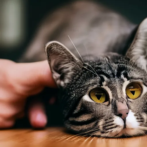 Prompt: a realistic cat pounding it's paw on the table facing a camera lens