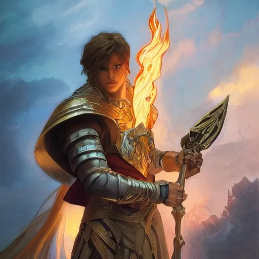 Image similar to portrait of an aasimar paladin blond young man with amber eyes wielding his flaming blade, strong, sofisticated, fantasy, highly detailed, digital painting, artstation, concept art, character art, art by greg rutkowski and tyler jacobson and alphonse mucha